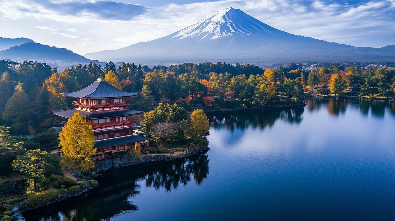 富士山下秋叶绚烂红白相间的五重塔静静伫立于湖畔旅游旅行日本大自然风景风光电脑壁纸