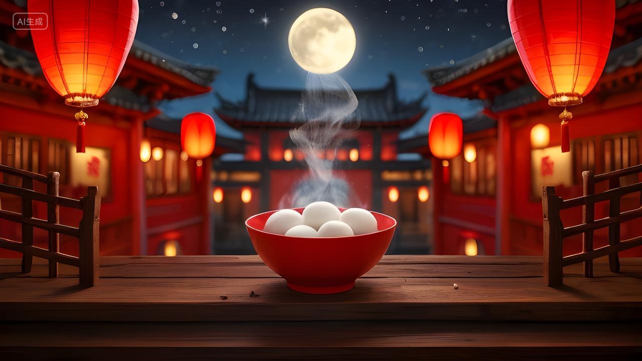 月色下一碗热气腾腾的汤圆元宵节背景