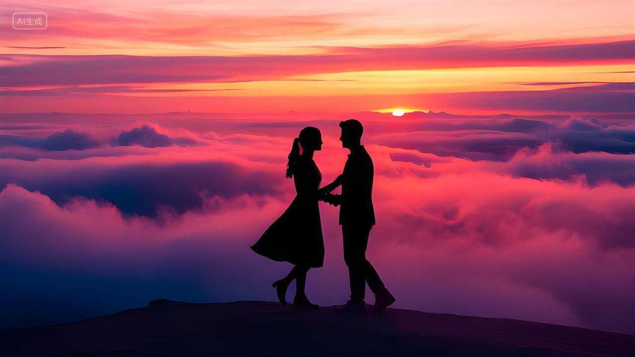 情人节人物情人节傍晚夕阳下火烧云情侣剪影