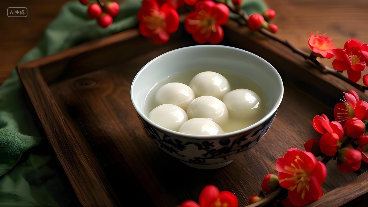 木桌上的一碗汤圆和红梅花元宵节美食背景