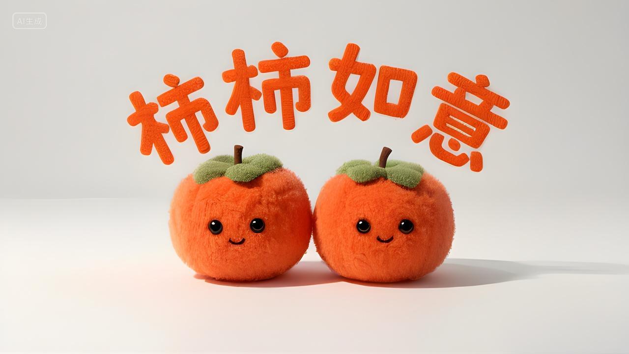 毛绒风格两个毛茸茸的柿子艺术字柿柿如意
