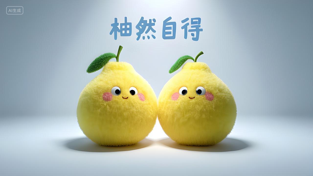 毛绒风格两个毛茸茸的柚子艺术字柚然自得