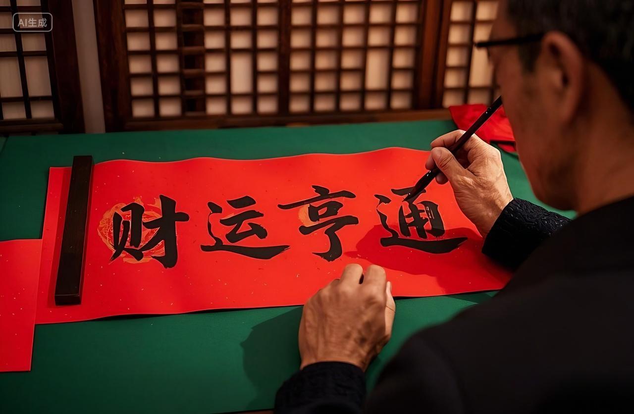 中国风2025年新年春节蛇年新春一个人在书房写毛笔字财运亨通祝福语传统文化