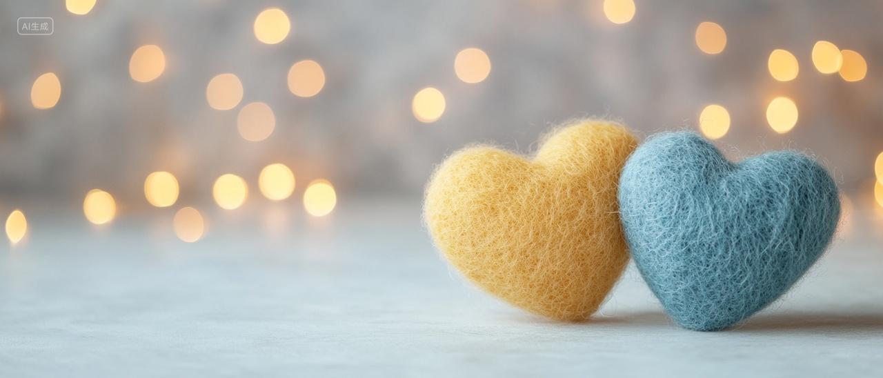 情人节感恩节母亲节父亲节相爱良心相依两个毛毡爱心形并排放在浅色上是柔和的灯光