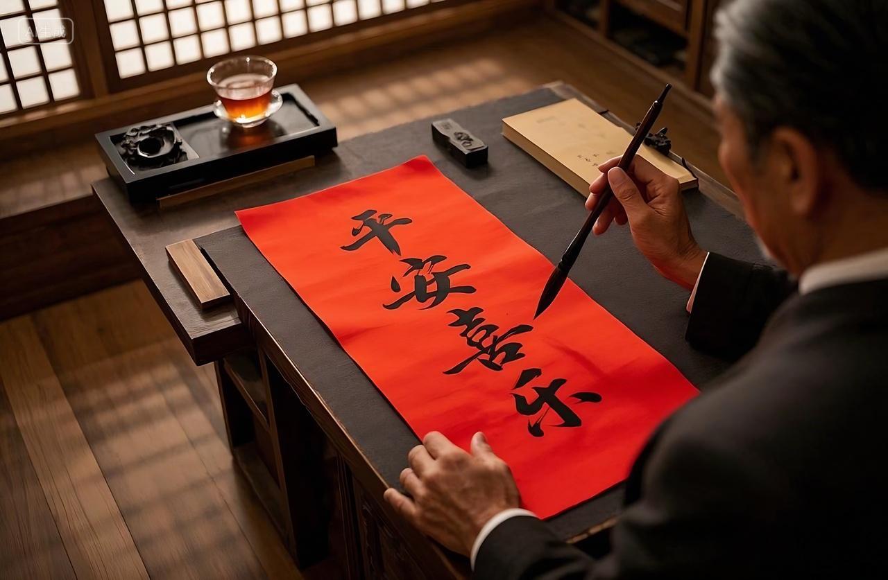 2025年新年春节蛇年新年一个人写毛笔平安喜乐文字书法中华传统文化
