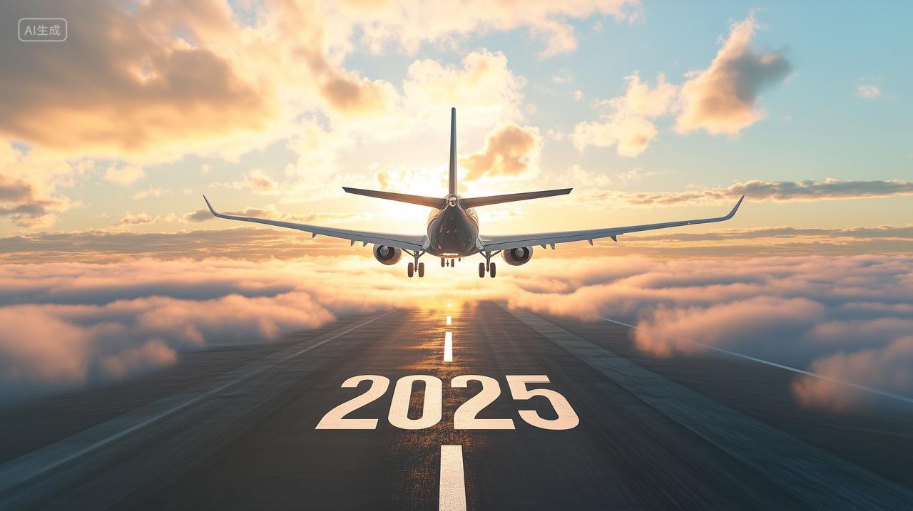 年终总结一架飞机正在标有2025的跑道上向着日出天空起飞企业年会励志乘风破浪新年元旦节