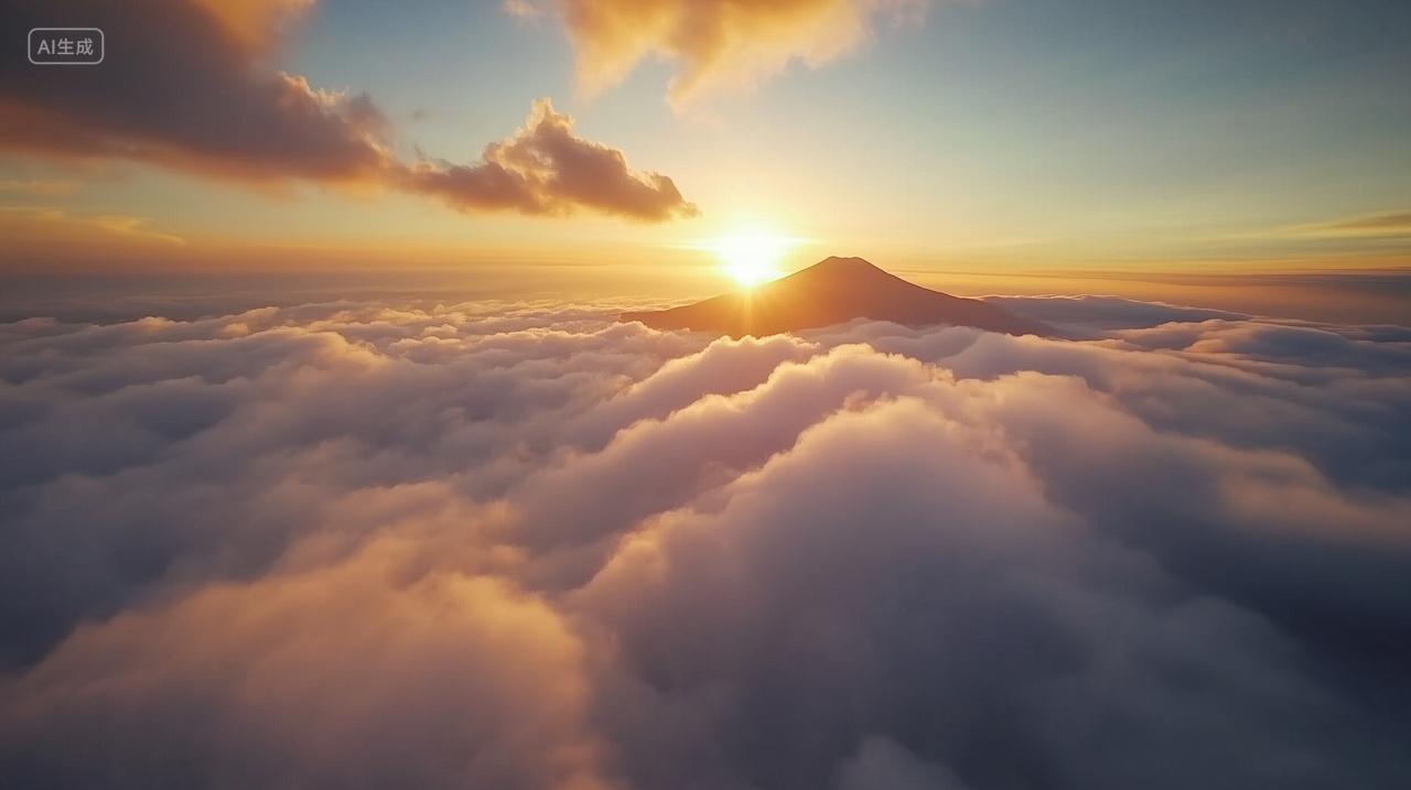 日出时分云海之上一座山峰沐浴在金色的阳光中宁静而壮丽自然风景风光电脑壁纸