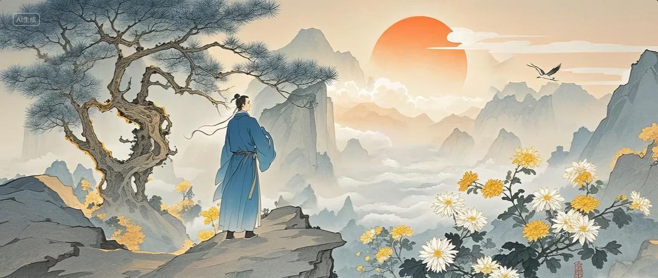 中国风古风登高重阳节江湖武侠水墨画菊花重阳节古诗配图意境插画