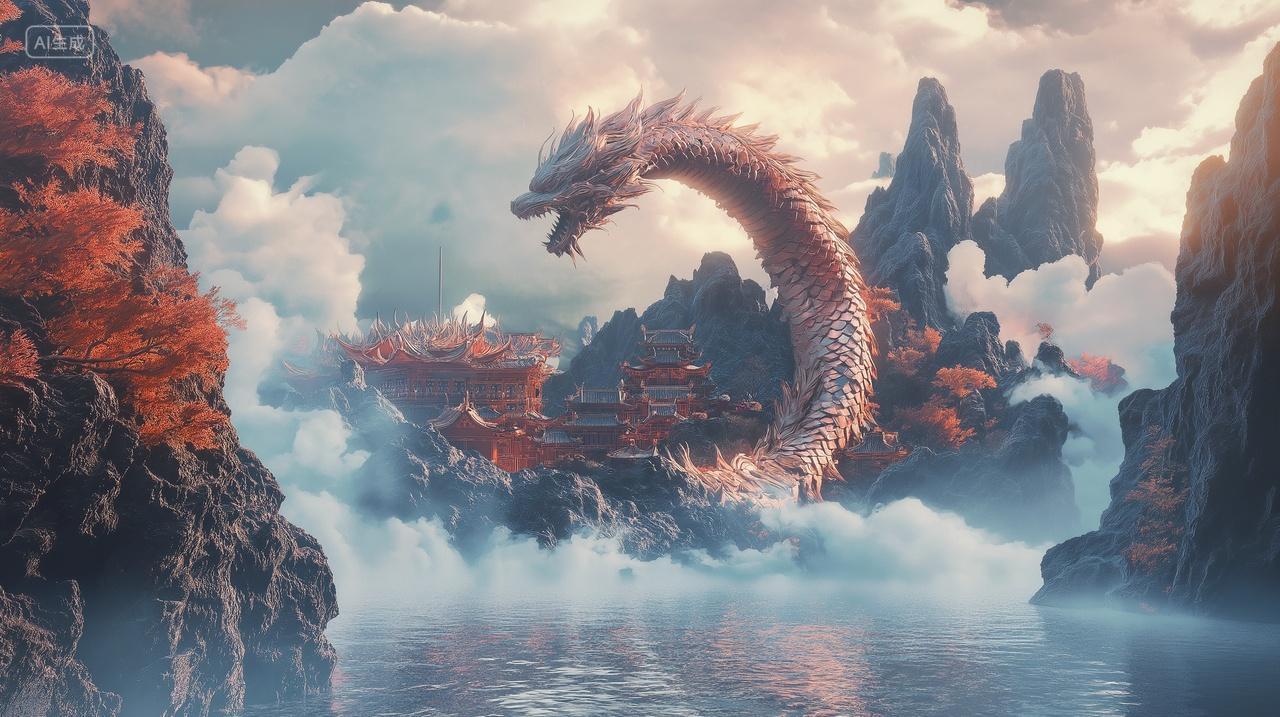 一支巨龙从云海中跃出的海报