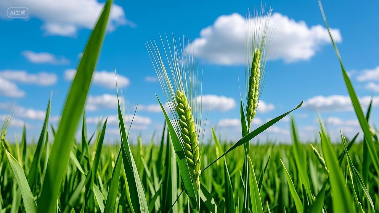 蓝天白云下新鲜的麦苗正在茁壮的成长农田海报设计丰收风景风光景像麦田