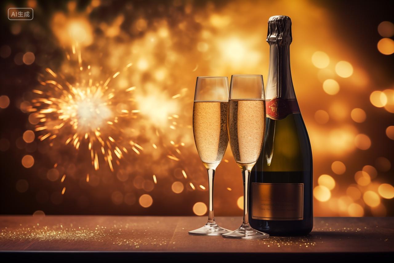 2025年蛇年新年元旦节跨年夜夜晚香槟与烟火交织的欢庆庆祝电脑壁纸