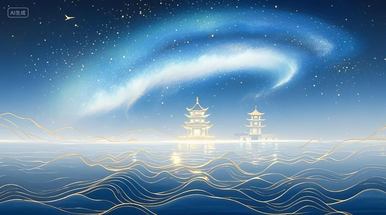 中国风水墨画山水画亭台楼阁烫金古风国风意境背景图电脑壁纸