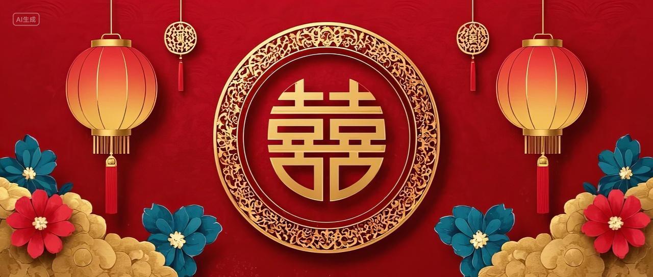 2025新春新年中国风双喜春节蛇年花卉灯笼红色吉祥图