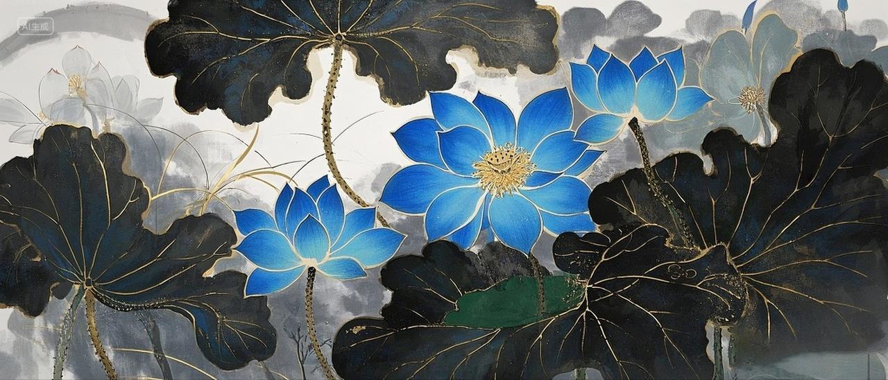 荷花青莲芙蓉国画晕染张大千水墨水粉水彩大师设计植物客厅挂画中国风