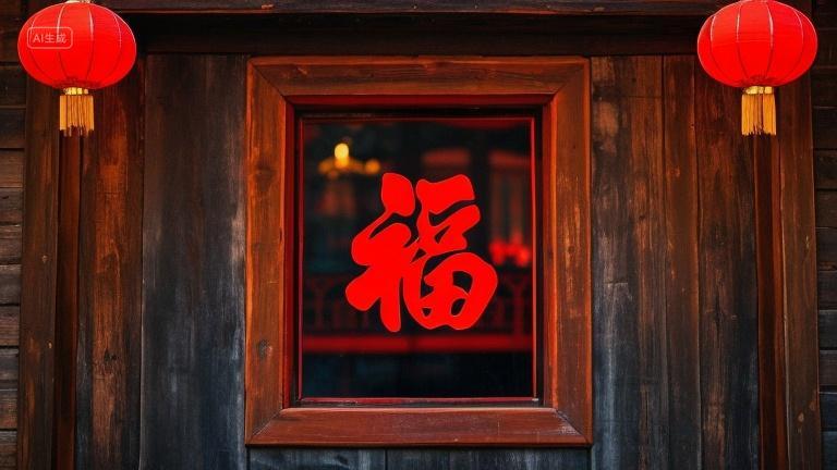 2025年新年蛇年新春春节木质窗户上的窗花福字剪纸中国风文化和红灯笼