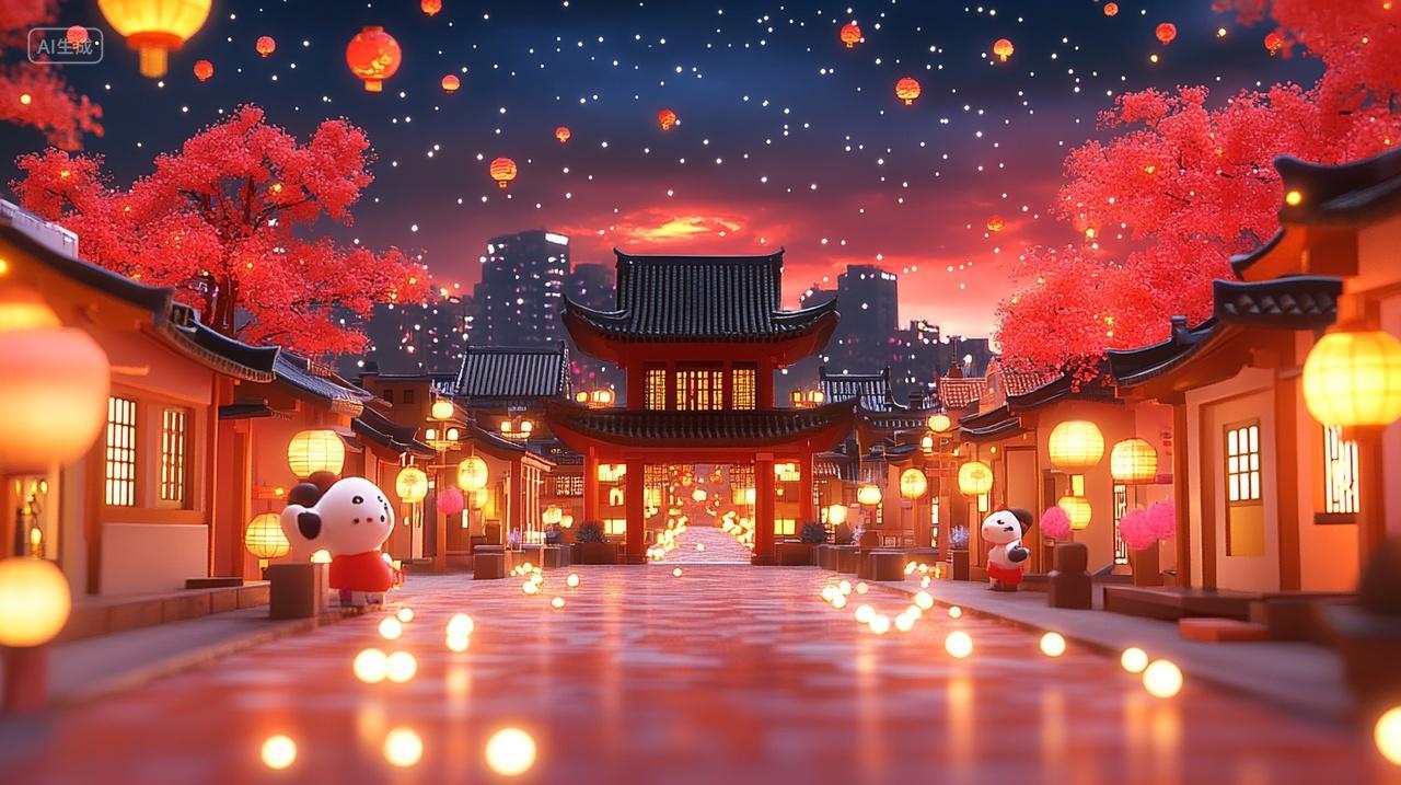 2025年新年蛇年春节3d立体城市建筑跨年节日场景