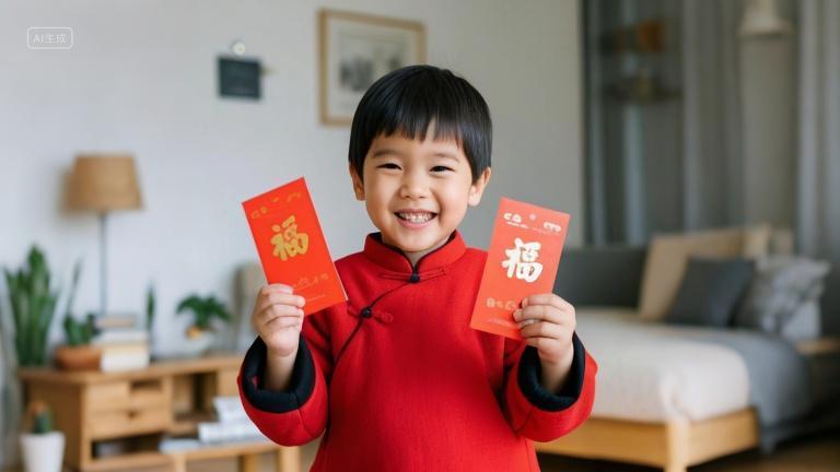 2025年新年蛇年新春新年小男孩穿新衣拿红包拜年儿童人物摄影