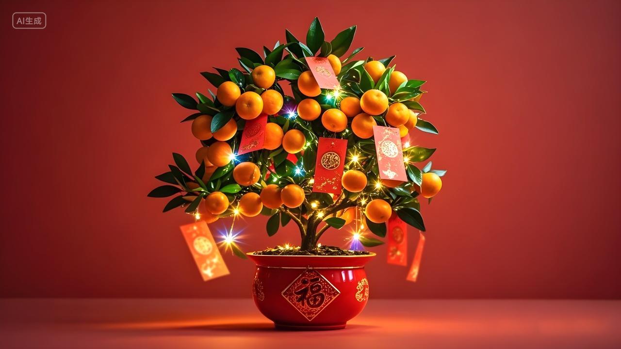 高级感红色喜庆新春贺岁年桔子树2025年庆祝新年蛇新春春节大桔大利大橘大利图片