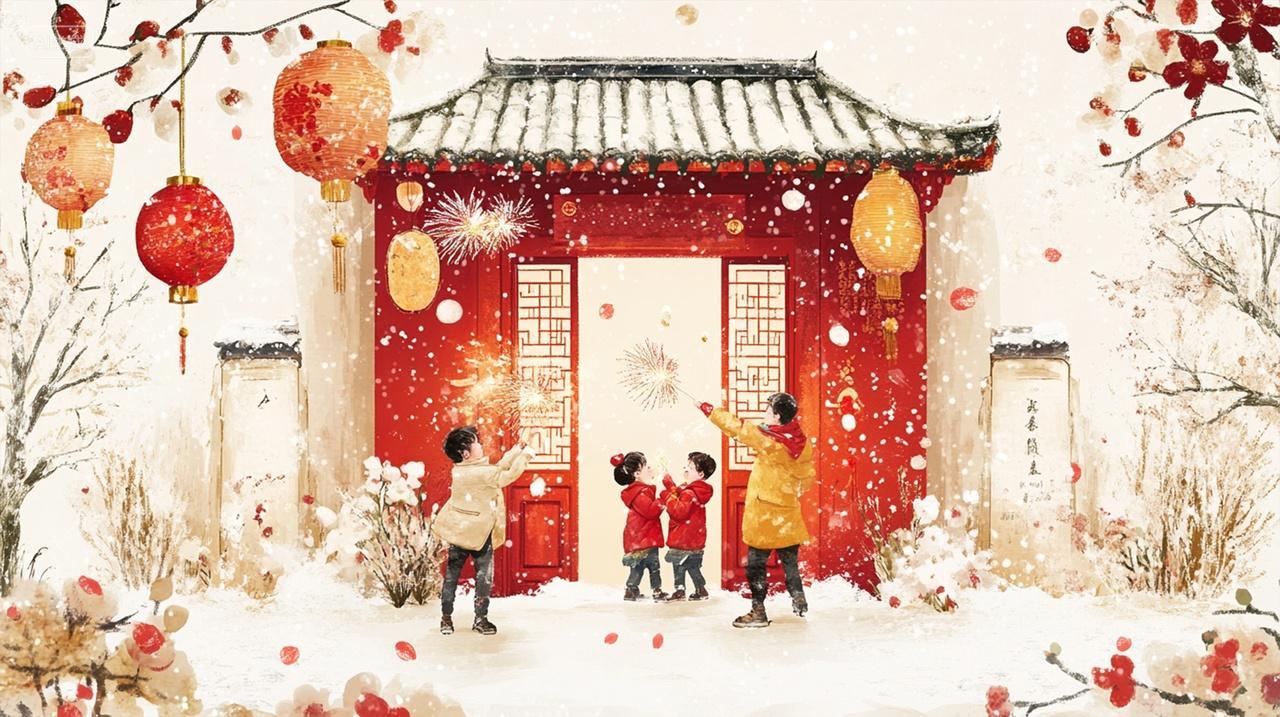 2025春节新年雪地儿童放烟花玩烟花门口挂灯笼对联元旦节除夕插画