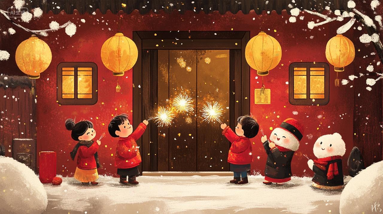 2025春节新年新春雪地儿童放烟花门口挂灯笼对联元旦节除夕插画