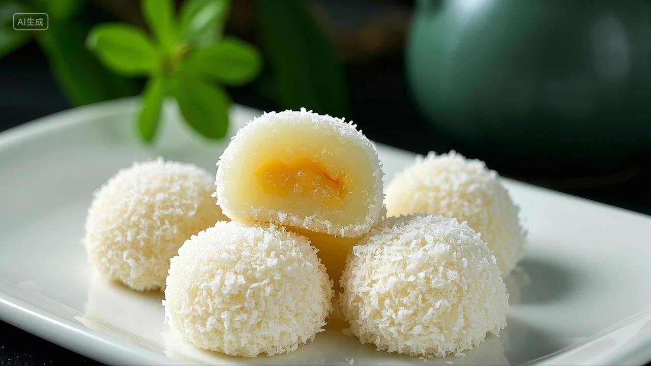 椰丝椰蓉糯米糍特产美味甜点饭店美食餐厅海报背景实拍摄影广告宣传