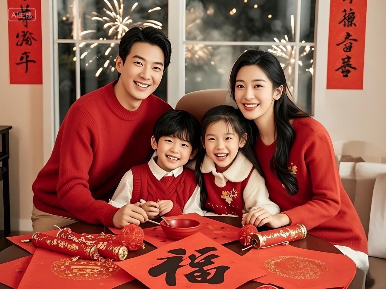 新年新春2025年过年春节人物摄影全家福庆祝中国新年特写拜年除夕四口之家家庭拍照合影人物素材