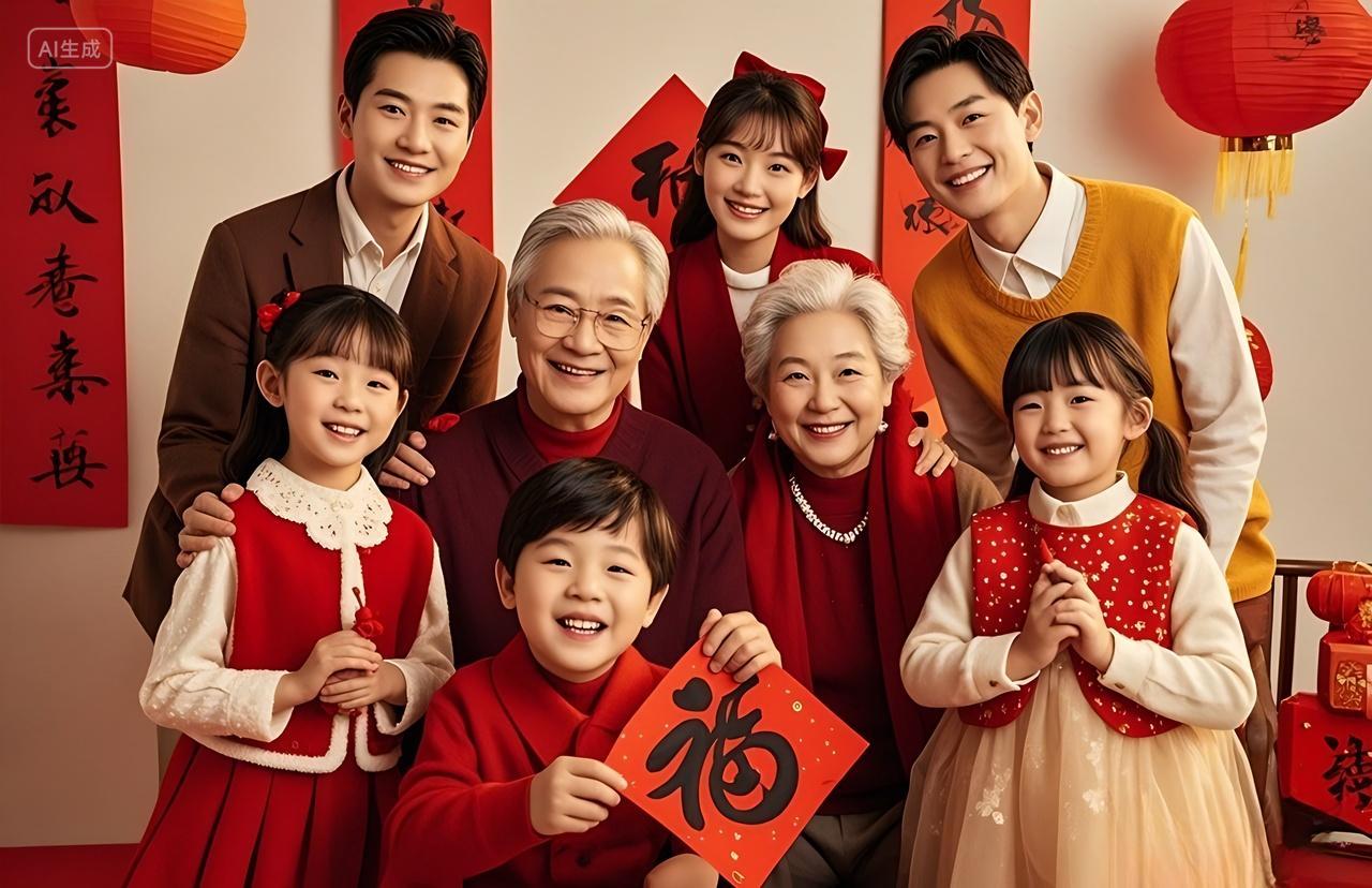 新年新春2025年过年春节人物摄影全家福过年一家人拜年全家福拜年合影喜庆家庭合影