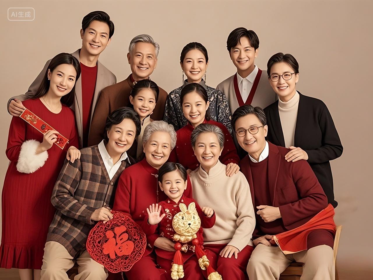 新年新春2025年过年春节人物摄影全家福家庭庆祝中国新年特写拜年除夕全家福合影人物形象