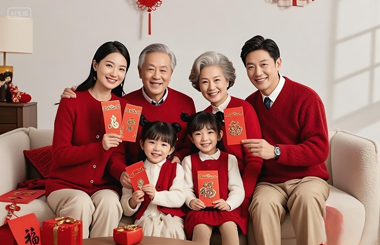 新年新春2025年过年春节人物摄影全家福喜庆新年一家人坐在沙发上拿着红包合影拍照全家福