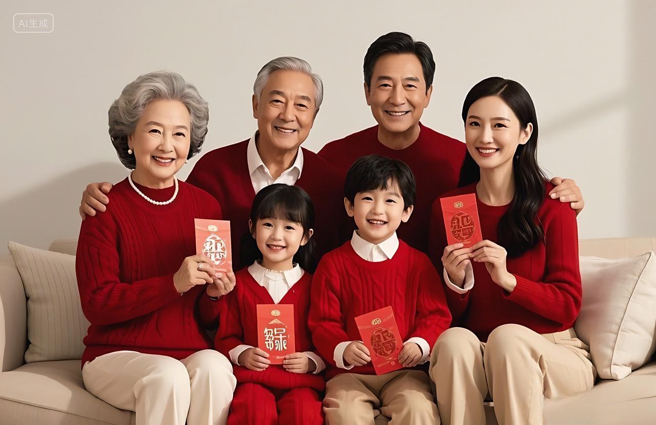 新年新春2025年过年春节人物摄影全家福欢乐新年一家人坐在沙发手拿红包合影全家福过年合影