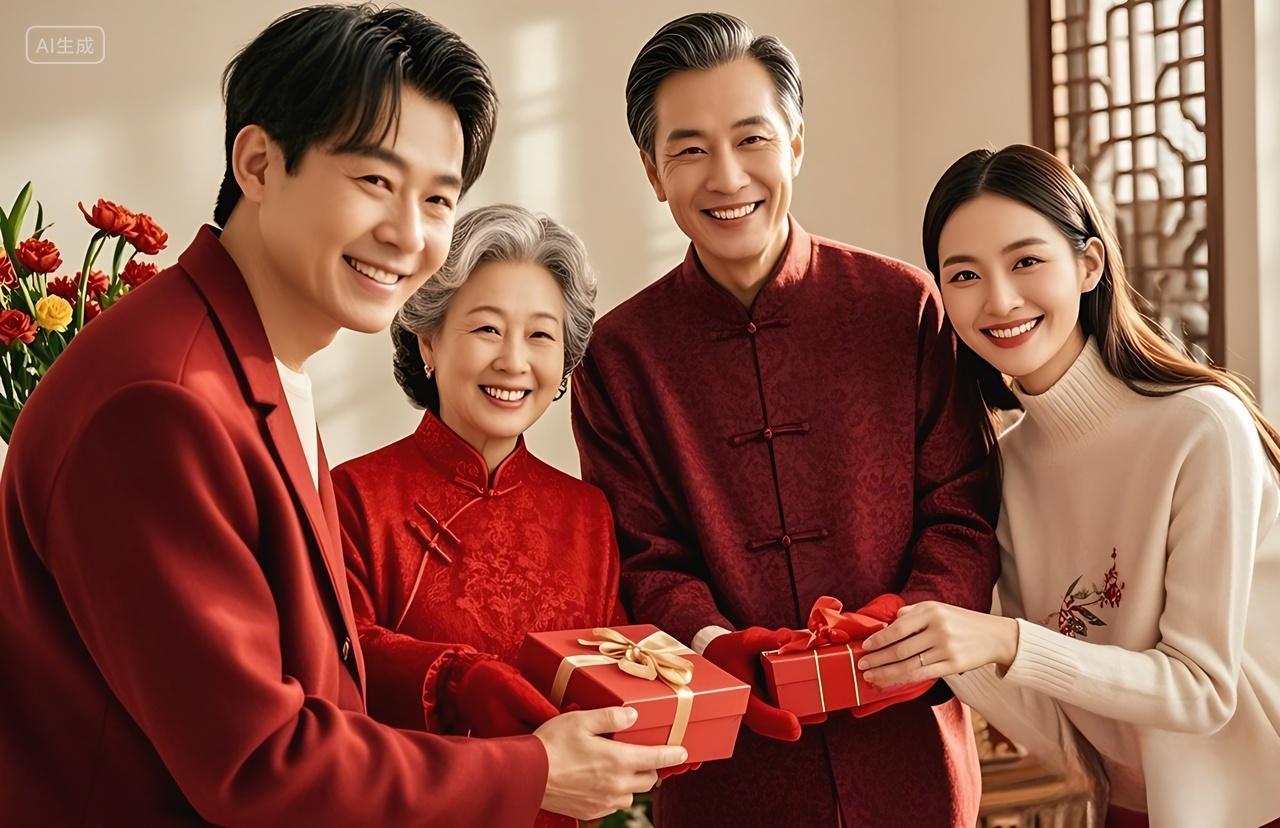 新年新春2025年过年春节人物摄影全家福实拍新年一家人拿着里礼物开心的笑合影新年人物形象