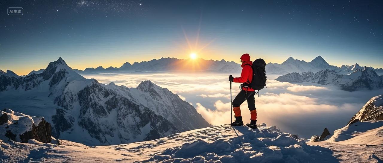 冬季冬天雪山登山者日落剪影励志奋斗企业文化人文精神实拍图