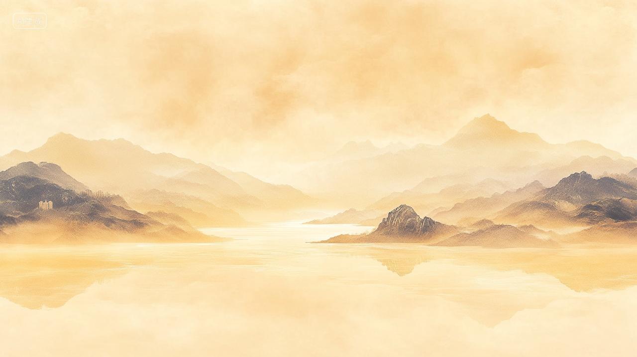 国风金色河流穿过山水云雾缭绕群山起伏宁静古风渐变水墨中国风背景插画