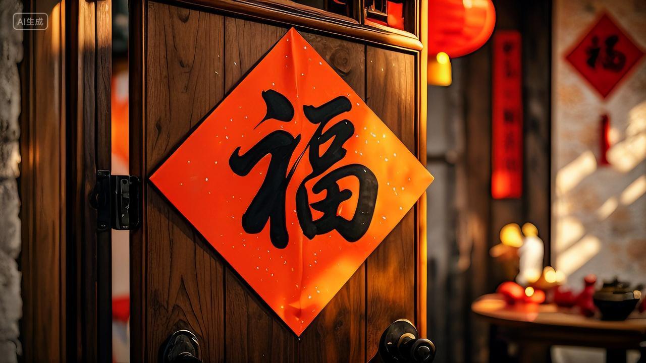 2025年蛇年春节贴春联木门上贴福字新年新春过年喜庆吉祥新年快乐图片