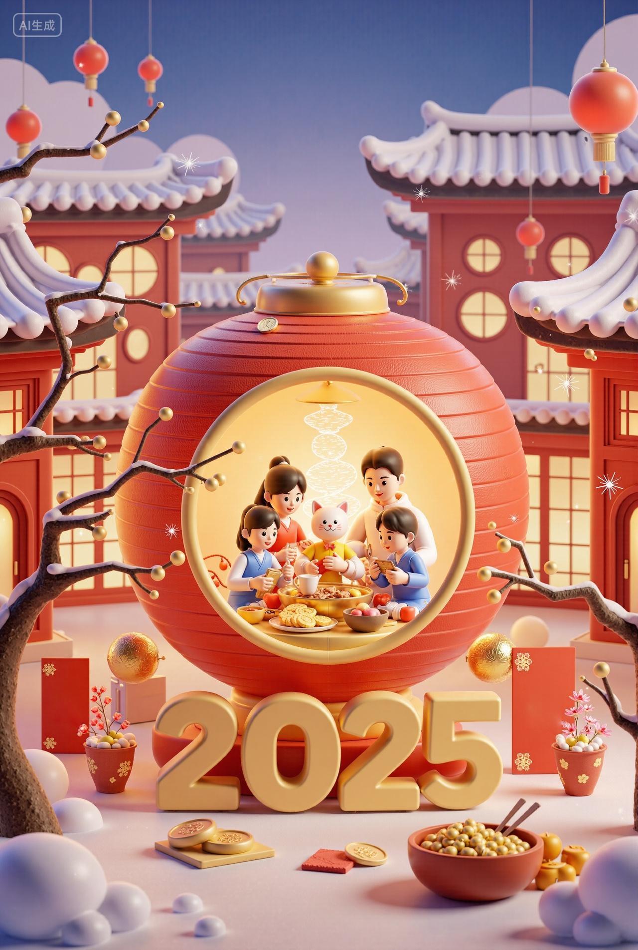 2025年新年蛇年元旦团圆饭3d立体人物插画