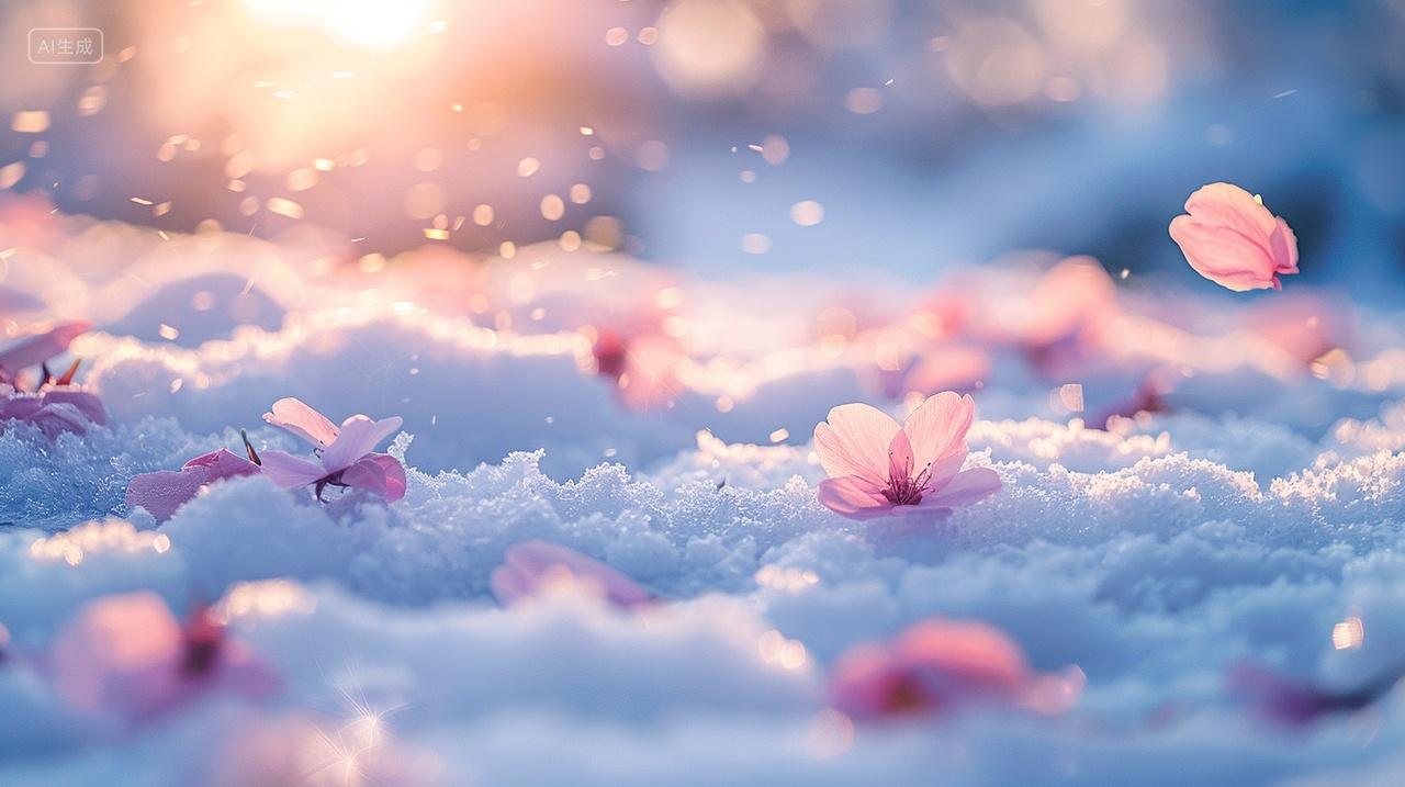 冬季冬天大雪纷飞雪地上梅花瓣拍摄雪景冷色调飘落宁静小寒大寒冰雪背景图电脑壁纸