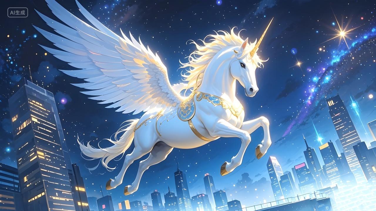 天马行空星空下天马在城市上空飞行梦话的场景背景图片