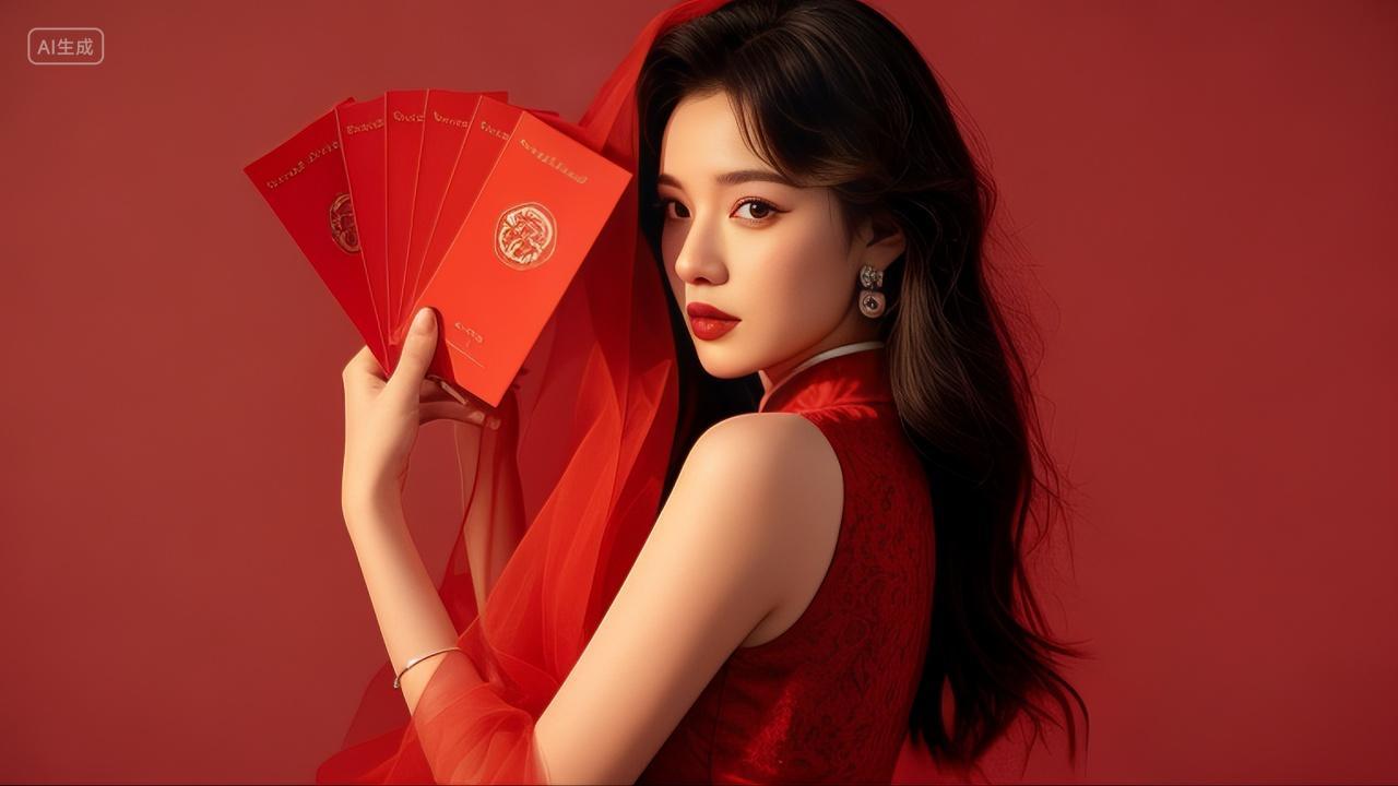 一个手拿红包遮面的美丽女性春节过年人物摄影2025年新年蛇年新春春节喜庆吉祥