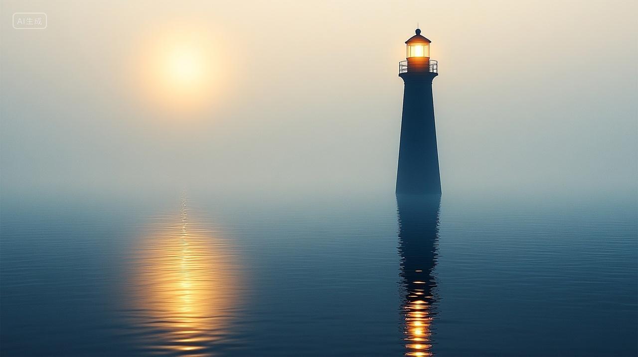 风景大雾下的海面一座散发着微弱灯光的灯塔唯美电脑壁纸背景图