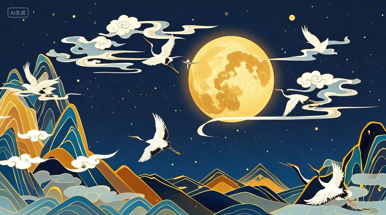 圆月白鹤山水手绘国潮风山水画古风插画设计