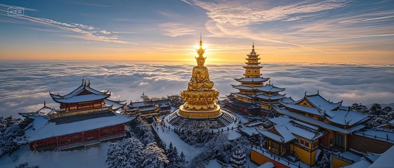 峨眉山金顶佛寺风景自然风光旅游日出