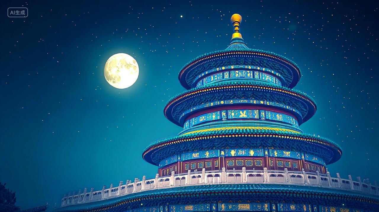 满月星空下的北京祈年殿天坛自然唯美夜景