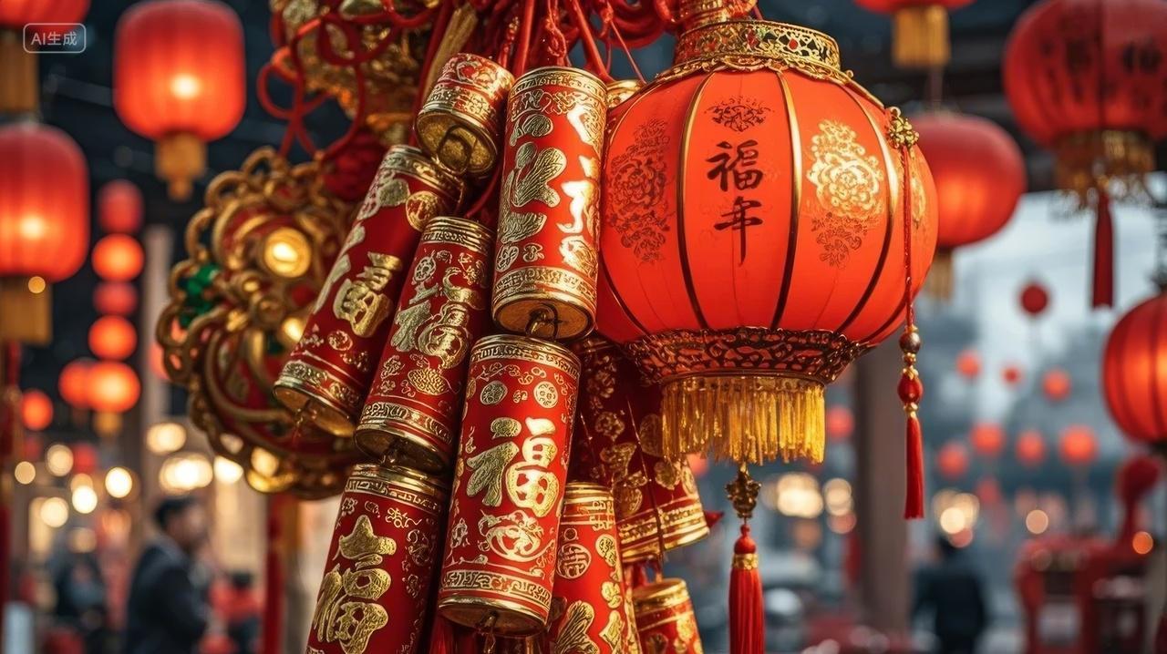 2025蛇年春节红灯笼鞭炮节日实拍图片