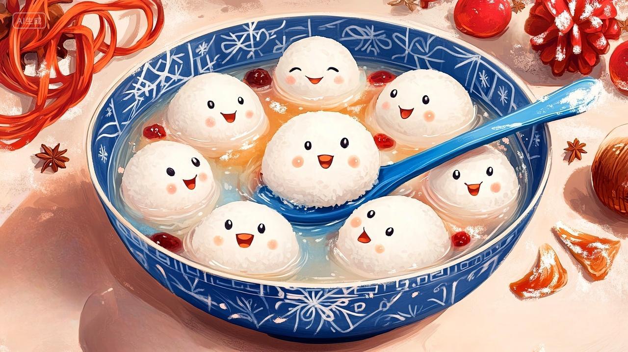 冬至冬日南方元宵节雪人汤圆水彩画桌面精美壁纸