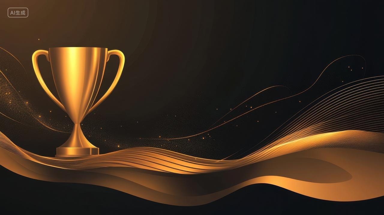 金色奖杯与抽象线条企业年会比赛获奖颁奖黑金色背景