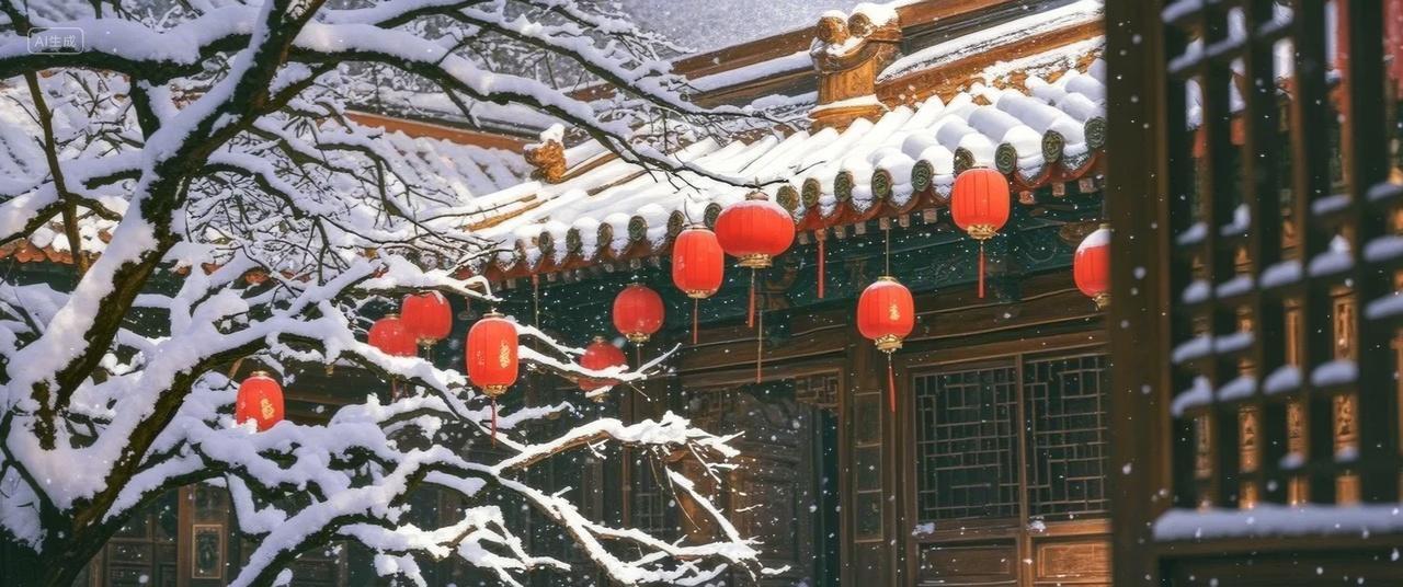 2025年新年春节蛇年元旦节冬天雪景红灯笼古建筑新春节日白雪图