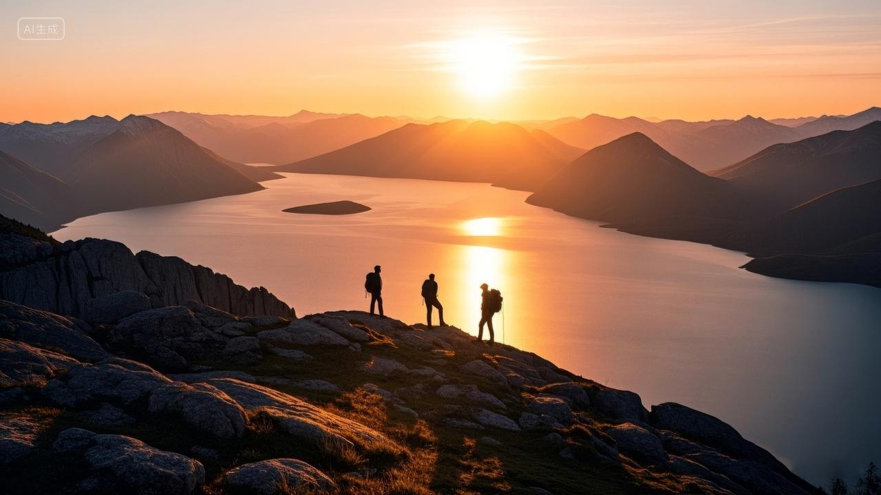夕阳黄昏湖泊登山徒步者远眺唯美自然风光励志拼搏图
