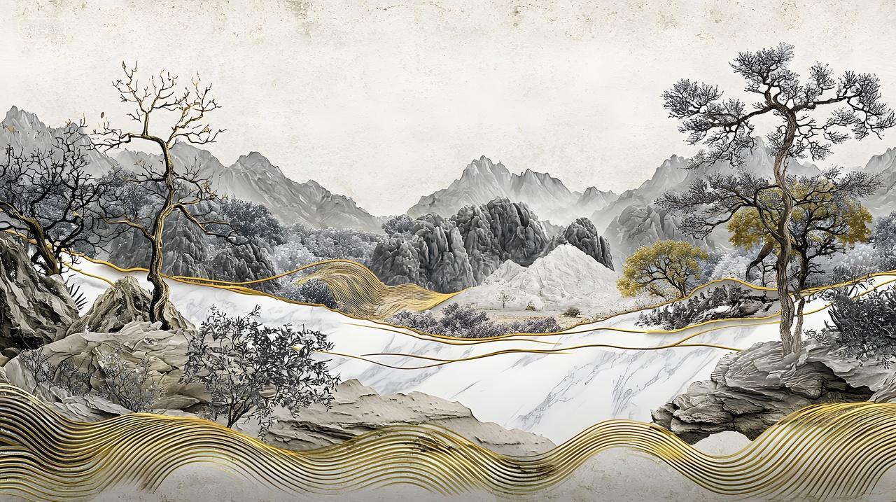 宁静风景有风格化树木和山脉风景山水画挂画壁画客厅挂画