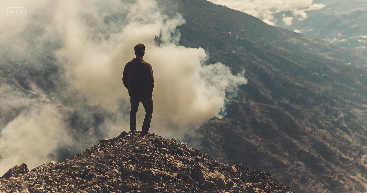 一个男子男性人物站在云雾缭绕的山顶励志奋斗拼搏精神