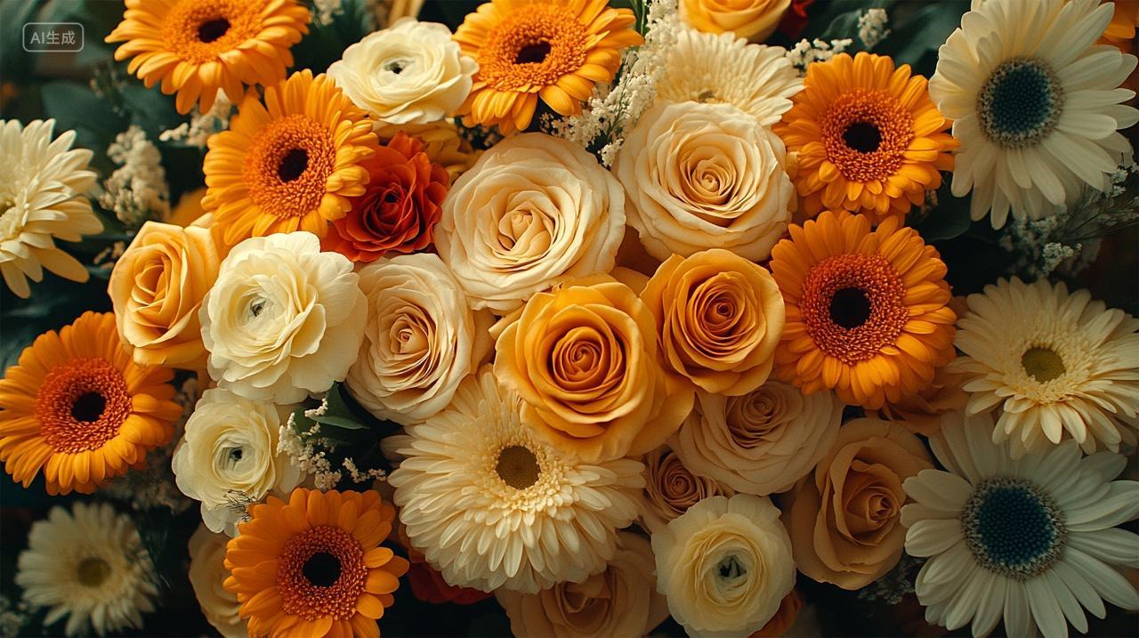 黄白色玫瑰花向日葵平铺背景图植物素材电脑壁纸